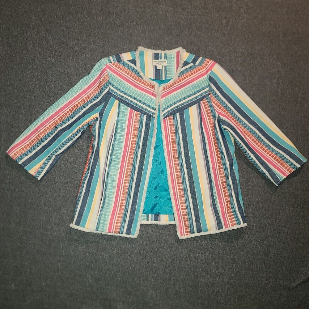 Norm Thompson Striped Open Front Jacket Womens Medium Multicolor Fringe Cotton M